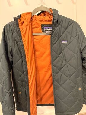Patagonia Kid's Quilted Jacket in Slate Green with Orange Lining